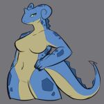 1_horn anthro astrangemouse big_breasts blue_body blue_horn blue_spots breasts eyelashes featureless_breasts featureless_crotch female front_view generation_1_pokemon green_eyes grey_background hand_on_hip hi_res horn lapras long_tail looking_at_viewer navel nintendo pokemon pokemon_(species) simple_background solo spots tail tail_ridge tan_body thick_thighs wide_hips
