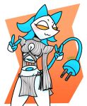  anthro blush bottomwear breasts cat_smile cleavage clothed clothing deltarune digit_ring domestic_cat felid feline felis female gesture humanoid jewelry loincloth machine mammal meme meme_clothing ring robot snaxattacks solo tasque_manager undertale_(series) v_sign video_games wedding_ring 