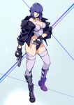  1girl bangs belt breasts closed_mouth commentary_request fingerless_gloves full_body ghost_in_the_shell ghost_in_the_shell_stand_alone_complex gloves gun highleg holding holding_gun holding_weapon jacket kotatsu_(g-rough) kusanagi_motoko leotard looking_at_viewer medium_breasts open_clothes open_jacket purple_hair red_eyes short_hair smile solo standing thighhighs weapon 