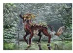  animal commentary_request creature day fantasy forest kaijuu ki_no_kotchi lake monster nature no_humans original outdoors painting_(medium) qilin_(mythology) reflection solo spirit standing standing_on_liquid traditional_media walking walking_on_liquid water 