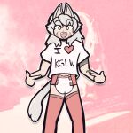 ambiguous_gender animal_humanoid arm_tattoo canid canid_humanoid canine canine_humanoid clothed clothing diaper fluff_pampz fur grey_body grey_fur grey_hair hair hi_res humanoid king_gizzard_and_the_lizard_wizard legwear male mammal mammal_humanoid number_one_gizzhead shirt solo t-shirt tattoo text text_on_clothing text_on_shirt text_on_topwear text_with_heart thigh_highs topwear wearing_diaper wolf_humanoid