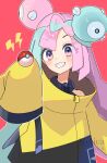  1girl blush bow-shaped_hair character_hair_ornament green_hair grin hair_ornament holding holding_poke_ball iono_(pokemon) jacket lightning_bolt_symbol long_hair long_sleeves lvetica multicolored_hair outline pink_background pink_eyes pink_hair poke_ball poke_ball_(basic) pokemon pokemon_sv sleeves_past_fingers sleeves_past_wrists smile solo teeth two-tone_hair upper_body watermark yellow_jacket 