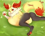  5:4 anthro belly braixen fennekin fluffy fluffy_tail looking_at_viewer lying moonrick nintendo on_front pawpads paws pok&eacute;mon pok&eacute;mon_(species) red_eyes solo video_games vore 