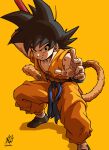  1boy absurdres black_eyes black_hair child commentary_request dougi dragon_ball dragon_ball_(classic) eye_contact highres holding holding_weapon liedein looking_at_another looking_at_viewer male_focus muscular saiyan short_hair simple_background solo son_goku spiked_hair staff tail weapon 
