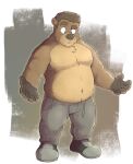  anthro biped black_nose bottomwear brown_body brown_fur clothed clothing countershade_fur countershade_torso countershading footwear fur hi_res implied_transformation lumdumgum male mammal musclegut pants pawpads shoes solo topless topless_anthro topless_male ursid 