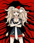  1boy 1girl :d back-to-back bangs black_background black_bra black_shirt bow bra breasts bunny_hair_ornament cleavage collarbone crossed_arms danganronpa:_trigger_happy_havoc danganronpa_(series) dosugon enoshima_junko hair_bow hair_ornament komaeda_nagito large_breasts long_hair miniskirt nail_polish necktie plaid plaid_skirt pleated_skirt red_background red_nails red_skirt shirt short_sleeves skirt smile solo_focus teeth tongue twintails underwear upper_teeth white_necktie 