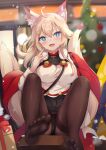  1girl absurdres ahoge animal_ear_fluff animal_ears bangs black_legwear blonde_hair blue_eyes blurry blurry_background blush eyebrows_visible_through_hair fang fox_ears fox_tail highres inaho_(world_flipper) long_hair looking_at_viewer open_mouth pantyhose pleated_skirt sitting skin_fang skirt solo tail touhourh world_flipper 