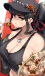  1girl absurdres black_headwear black_tank_top breasts cleavage dog_tags eating fingernails food hat hawe_king highres holding holding_food large_breasts looking_at_viewer midriff_peek navel original ponytail red_eyes red_nails sidelocks steam sweat takoyaki tank_top witch 