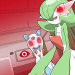  2girls alpha_pokemon back_bow bangs blue_eyes blush bob_cut bow colored_sclera colored_skin commentary_request crystal curtains dutch_angle flat_chest froslass gardevoir glowing glowing_eyes green_hair green_skin hair_over_one_eye happy ii_desu_ka_ochitsuite_kiite_kudasai_(meme) indoors kazamidoririnn looking_at_viewer looking_down meme metal_gear_(series) metal_gear_solid_v multicolored_skin multiple_girls one_eye_covered open_mouth pokemon pokemon_(creature) pokemon_(game) pokemon_legends:_arceus purple_skin red_eyes shiny shiny_hair short_hair smile standing straight-on two-tone_skin white_skin yellow_sclera 