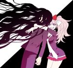  1boy 1girl bangs black_background black_hair black_pants black_shirt blue_eyes bow breasts cleavage danganronpa:_trigger_happy_havoc danganronpa_(series) danganronpa_2:_goodbye_despair dosugon enoshima_junko eyebrows_visible_through_hair grin hair_bow hug hug_from_behind jacket komaeda_nagito large_breasts long_hair long_sleeves pants pleated_skirt red_bow red_skirt shirt skirt smile teeth twintails white_background white_bow 