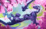 blue_body blue_eyes blue_fur cheek_tuft cherry_blossom claws crescent_moon dragon facial_tuft female feral flower fur furred_dragon furred_scalie grass hi_res lying markings membrane_(anatomy) membranous_wings moon mythological_creature mythological_scalie mythology noelle_(ryukiri) on_back paws petals plant prunus_(flower) raised_wings scalie slappyshottest smile solo tree tuft white_body white_claws white_fur wings