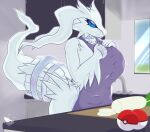  absurd_res apron apron_only blue_eyes breasts clothed clothing dragon eyelashes female food fur fur_tuft hand_on_breast hi_res inside kitchen legendary_pok&eacute;mon lips looking_at_viewer mostly_nude nintendo pok&eacute;ball pok&eacute;mon pok&eacute;mon_(species) reshiram skimpy smile solo sp_advanced tuft video_games white_body 