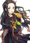  1girl :t absurdres baguette biting black_hair black_serafuku black_skirt bread cowboy_shot eating floating_hair food green_neckerchief hair_ribbon highres holding holding_food kamado_nezuko kimetsu_no_yaiba long_hair looking_at_viewer multicolored_hair neckerchief orange_hair pink_eyes piroshiki123 pleated_skirt ribbon school_uniform serafuku short_sleeves simple_background skirt skirt_set solo two-tone_hair white_background wind 