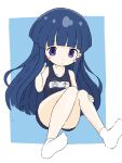  1girl :o absurdres bangs bare_arms bare_shoulders black_swimsuit blue_background blue_hair blush_stickers collarbone commentary_request eyebrows_visible_through_hair furude_rika hand_up highres higurashi_no_naku_koro_ni knees_together_feet_apart looking_at_viewer no_shoes one-piece_swimsuit parted_lips purple_eyes rururu_(pyrk8855) school_swimsuit socks soles solo swimsuit two-tone_background white_background white_legwear 