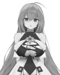 1girl ahoge black_survival blush breasts bursting_breasts cleavage collarbone covered_collarbone eternal_return:_black_survival eva_(black_survival) greyscale highres id_card large_breasts long_hair looking_at_viewer monochrome official_alternate_costume open_mouth shirt solo tearing_up torn_clothes torn_shirt twintails underbust very_long_hair vgb0568 