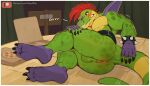  absurd_res alligator alligatorid anthro anus balls bracelet butt claws crocodilian digital_media_(artwork) fingers five_nights_at_freddy&#039;s five_nights_at_freddy&#039;s:_security_breach genitals green_body hair hi_res hinar_miler jewelry male mammal mohawk montgomery_gator_(fnaf) nude red_hair reptile scalie scottgames shoulder_pads solo spiked_bracelet spikes text video_games watermark widescreen 