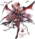  1girl alternate_costume asymmetrical_gloves ayacho bat bat_wings blue_eyes boots braid breasts commission draph gloves granblue_fantasy hair_over_one_eye highres horns large_breasts light_purple_hair long_hair looking_at_viewer low_tied_hair narmaya_(granblue_fantasy) pointy_ears purple_hair single_braid skeb_commission solo thigh_boots thighhighs uneven_gloves wings 