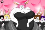 anthro blush breasts chrisandcompany cleavage clothed clothing female group hair hi_res lagomorph leporid mammal rabbit size_difference 