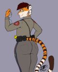  absurd_res anthro big_butt butt clothing duty_belt eyewear felid feline girly glasses hair hi_res law_enforcement male mammal pantherine police_officer police_uniform rear_view red_hair solo tiger uniform vic_the_tiger victor_alice_reed 
