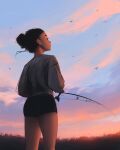  1girl bird cloud cowboy_shot fishing fishing_rod highres outdoors profile sam_yang short_hair sky solo sunrise thighs 