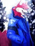  2022 angiewolf anthro blue_clothing blue_topwear canid canine clothing eyes_closed fox happy hi_res jacket male mammal open_mouth snow topwear 