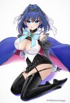  1girl :q absurdres black_gloves black_legwear blue_eyes blue_hair breasts chain cleavage detached_sleeves gloves greatodoggo hairband highres hololive looking_at_viewer ouro_kronii sitting skirt sleeves_past_wrists smile solo thighhighs tongue tongue_out veil virtual_youtuber 