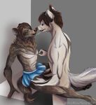  african_wild_dog anal bottomwear canid canine canis clothing duo felix_reuter girly hi_res kissing kori_rain male male/male mammal moonfurrywolf skirt wolf 