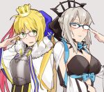  2girls adjusting_eyewear artoria_pendragon_(caster)_(fate) artoria_pendragon_(fate) bespectacled black_bow blonde_hair blue_lips bow braid breasts center_opening clothing_cutout crown facial_mark fate/grand_order fate_(series) forehead_mark french_braid glasses green_eyes large_breasts light_blue_eyes lipstick long_hair looking_at_viewer makeup mini_crown morgan_le_fay_(fate) multiple_girls naosuke_(morioka_shachuu) platinum_blonde_hair semi-rimless_eyewear small_breasts smile stomach_cutout two-tone_dress upper_body 