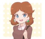  1girl alternate_costume alternate_hairstyle bag blue_eyes brown_hair casual chocomiru earrings eyebrows_behind_hair eyebrows_visible_through_hair handbag jewelry looking_at_viewer lowres mario_(series) open_mouth polka_dot polka_dot_background princess princess_daisy short_hair smile solo upper_body 