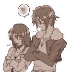  1boy 1girl asymmetrical_bangs brown_theme closed_eyes commentary_request cropped_jacket crossed_arms detached_sleeves final_fantasy final_fantasy_viii fur-trimmed_jacket fur_trim height_difference jacket jewelry long_hair lowres medu_(rubish) monochrome necklace open_clothes open_jacket pendant rinoa_heartilly scar scar_on_face short_hair sigh simple_background speech_bubble squall_leonhart translation_request upper_body white_background 