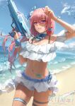  1girl absurdres arm_up bangs bare_shoulders beach bikini bikini_skirt blue_bow blue_sky bow bow_choker bow_earrings breasts cleavage cloud collarbone commentary_request cowboy_shot day earrings eyebrows_visible_through_hair floating_hair flower hair_between_eyes hair_flower hair_ornament highres holding holding_water_gun huion jewelry long_hair looking_at_viewer midriff minttchocok nail_polish navel ocean official_art outdoors parted_lips pink_hair purple_eyes red_nails rose sidelocks skirt sky smile solo standing stomach_tattoo swimsuit tattoo thigh_strap water_gun white_bikini white_flower white_rose white_skirt 