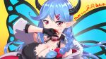  1girl awa7 black_gloves black_horns blood blood_on_breasts blood_on_face blue_hair blue_wings bow braid breasts butterfly_wings canniko18 cleavage collar dated gloves hair_bow hair_ornament hairclip highres horns making-of_available pointy_ears red_bow red_collar red_eyes ryonan_musume_club simple_background solo virtual_youtuber wings wiping_mouth 
