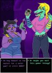 absurd_res alligator alligatorid anthro belt big_breasts black_eyes black_hair blonde_hair blue_clothing blue_highlights blue_overalls blue_topwear bottomwear bratty_(undertale) breasts catty_(undertale) clothing colored_nails crocodilian denim denim_bottomwear denim_clothing dialogue domestic_cat duo ear_piercing ear_ring eyelashes eyeshadow felid feline felis female green_nails grey_bottomwear grey_clothing grey_jeans grey_pants hair hi_res highlights_(coloring) holding_object jeans lipstick looking_at_viewer makeup mammal monster nails navel overalls overweight overweight_female pants piercing pink_clothing pink_lipstick pink_sclera poncho pupils purple_eyeshadow purple_nails purple_nose reptile ring_piercing scalie sharp_nails short_hair slit_pupils small_breasts talking_to_viewer text text_box thick_thighs topwear undertale_(series) wide_hips xolotl_59 yellow_sclera