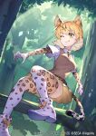  1girl :p animal_ears animal_print beige_vest blonde_hair boots bow collared_shirt commentary_request elbow_gloves essual_(layer_world) extra_ears eyebrows_visible_through_hair footwear_bow gloves highres kemono_friends kemono_friends_3 leopard_(kemono_friends) leopard_ears leopard_girl leopard_print leopard_tail multicolored_hair necktie official_art one_eye_closed pleated_skirt print_gloves print_legwear print_necktie print_skirt shirt short_hair short_sleeves skirt solo t-shirt tail thighhighs tongue tongue_out translation_request white_footwear white_hair white_shirt yellow_bow yellow_eyes zettai_ryouiki 
