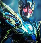  1boy blue_armor bug glowing glowing_eyes grasshopper green_armor kamen_rider kamen_rider_01_(series) kamen_rider_zero-one male_focus power_armor profile shining_assault_hopper signature solo upper_body y_a_m_a_y_a 