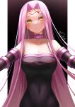  1girl absurdres aqui2002 bare_shoulders black_dress blush breasts cleavage collar covered_navel dress elbow_gloves facial_mark fate/grand_order fate_(series) forehead forehead_mark gloves highres large_breasts long_hair looking_at_viewer medusa_(fate) medusa_(rider)_(fate) pink_eyes pink_hair purple_hair solo strapless strapless_dress very_long_hair yellow_eyes 