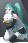  1girl absurdres adult_baby aqua_eyes aqua_hair aqua_nails aqua_necktie arm_tattoo bananafish1111 bare_shoulders black_footwear black_skirt black_sleeves blush boots character_name commentary_request detached_sleeves full_body grey_shirt hair_ornament hatsune_miku headphones highres long_hair long_sleeves necktie number_tattoo pacifier pleated_skirt potty shirt single_sleeve_past_fingers sitting skirt sleeveless sleeveless_shirt solo tattoo thigh_boots toilet_use twintails very_long_hair vocaloid 