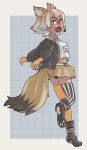  1girl absurdres asymmetrical_legwear beige_skirt black_footwear black_jacket black_legwear blonde_hair boots bow bowtie choker commentary coyote_(kemono_friends) coyote_ears coyote_girl coyote_tail elbow_gloves extra_ears eyebrows_visible_through_hair fang gloves highres jacket kemono_friends kemono_friends_v_project looking_back microphone official_alternate_costume open_clothes open_jacket open_mouth paw_print_soles pleated_skirt shirt short_hair short_sleeves skirt solo spaghetti_strap striped striped_legwear thighhighs toriny white_bow white_bowtie white_choker white_legwear white_shirt yellow_eyes yellow_gloves yellow_legwear zettai_ryouiki 