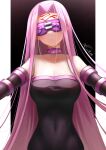  1girl absurdres aqui2002 bare_shoulders black_dress blindfold breasts cleavage collar covered_navel dress elbow_gloves facial_mark fate/grand_order fate_(series) forehead forehead_mark gloves highres large_breasts long_hair medusa_(fate) medusa_(rider)_(fate) pink_hair purple_hair solo strapless strapless_dress very_long_hair visor 