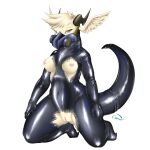  absurd_res anthro breasts clitoris clothing cyber_comet dragon female fur furred_dragon gas_mask genitals hands_on_thighs hi_res horn kneeling latex latex_clothing mask nipples orange_eyes phyyrin pussy raised_tail rubber rubber_clothing rubber_suit solo yellow_body 