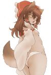  1girl animal_ears ass bow brown_hair commentary_request detached_sleeves from_behind furrification furry furry_female hair_between_eyes hair_bow hair_tubes hakurei_reimu hawthorn highres long_hair looking_at_viewer open_mouth panties red_bow simple_background sleeves_past_fingers sleeves_past_wrists solo tail thighs touhou underwear white_background white_panties yellow_eyes 