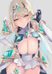  1girl bangs bare_legs bare_shoulders blonde_hair breasts chest_jewel cleavage cleavage_cutout clothing_cutout dress earrings elbow_gloves gem gloves headpiece inoue_takuya_(tactactak) jewelry large_breasts long_hair mythra_(xenoblade) short_dress solo swept_bangs thigh_strap tiara very_long_hair white_dress white_gloves xenoblade_chronicles_(series) xenoblade_chronicles_2 yellow_eyes 