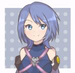  1girl aqua_(kingdom_hearts) bare_shoulders blue_eyes blue_hair border breasts chocomiru closed_mouth detached_sleeves kingdom_hearts kingdom_hearts_birth_by_sleep lowres polka_dot polka_dot_background shirt short_hair sleeveless sleeveless_shirt smile solo upper_body white_border wide_sleeves 