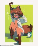 1girl ;o absurdres alarm_clock animal_ears animal_nose barefoot body_fur brown_fur brown_hair clock collared_shirt furry furry_female green_eyes hand_to_own_mouth highres messy_hair michirutnk no_pants one_eye_closed open_clothes open_mouth open_shirt original raccoon_ears raccoon_girl raccoon_tail shadow shirt short_hair sitting sleepy solo stretch tail tanuki tears unbuttoned waking_up white_shirt yawning 