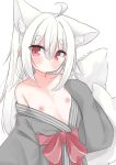  1girl ahoge animal_ear_fluff animal_ears bangs blush bow closed_mouth collarbone eyebrows_visible_through_hair flat_chest fox_ears fox_girl fox_tail grey_kimono hair_between_eyes hand_up highres japanese_clothes kimono long_hair long_sleeves looking_at_viewer minato_yu_(0514) nipples off_shoulder original red_bow red_eyes short_eyebrows signature simple_background sleeves_past_fingers sleeves_past_wrists solo tail thick_eyebrows very_long_hair white_background white_hair 