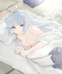  1girl absurdres alternate_hairstyle bangs blunt_bangs breasts closed_mouth dal-gi eyebrows_visible_through_hair futon genshin_impact grey_eyes hair_down highres kamisato_ayaka light_blue_hair long_hair looking_at_viewer lying medium_breasts nipples nude on_floor on_side solo upper_body 