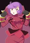  1girl breasts courtney_(pokemon) fake_horns gloves highres hood horned_headwear horns looking_at_viewer nozumu open_mouth pokemon pokemon_(game) pokemon_oras purple_hair ribbed_sweater short_hair simple_background solo sweater team_magma team_magma_uniform 
