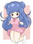  1girl absurdres bangs blue_hair blush_stickers breasts brown_background brown_eyes china_dress chinese_clothes closed_mouth commentary_request double_bun dress eyebrows_visible_through_hair full_body hands_up highres knees_together_feet_apart long_hair medium_breasts no_shoes pink_dress ranma_1/2 rururu_(pyrk8855) shampoo_(ranma_1/2) short_sleeves sidelocks smile socks solo two-tone_background v-shaped_eyebrows very_long_hair white_background white_legwear 