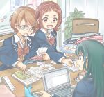  3girls bow_hairband brown_hair computer ds_(ndsl) glasses green_hair hairband idolmaster idolmaster_cinderella_girls laptop multiple_girls muramatsu_sakura new_wave_(idolmaster) ooishi_izumi school_uniform sitting sitting_on_lap sitting_on_person table tsuchiya_ako 