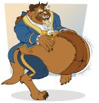 2022 anthro beast_(disney) belly big_belly chubby_anthro chubby_male claws clothed clothing eggo21 facial_hair fangs fur goatee hair hand_on_stomach hi_res horn hybrid looking_aside male monster navel nervous_smile nervous_sweat one_leg_up overweight overweight_anthro overweight_male raised_leg slightly_chubby solo tiptoes 